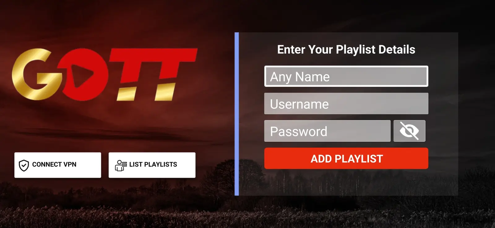 Golden Smart player form for playlist name, username and password