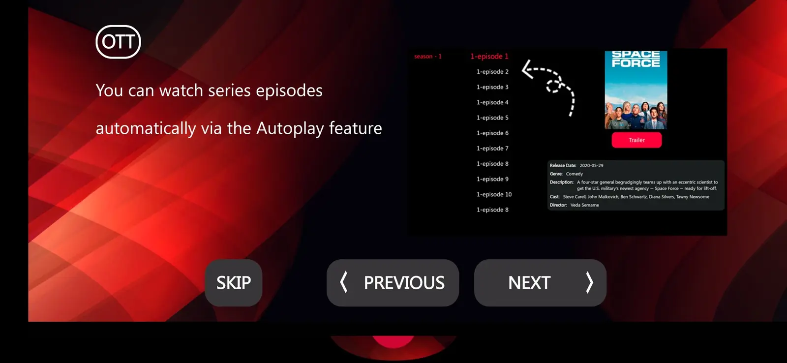 OTT Platinum onboarding screen explaining automatic series episode playback