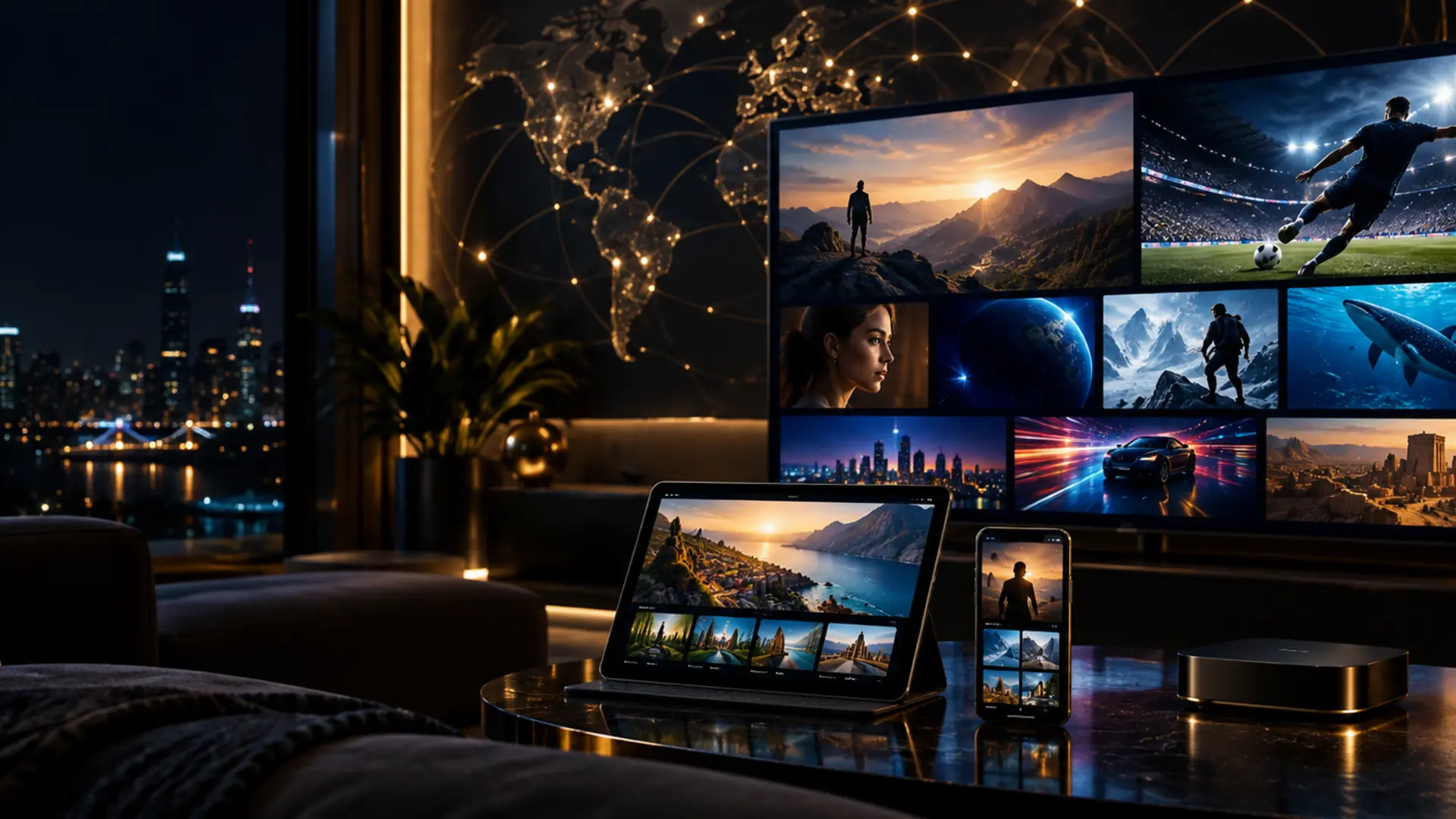 Golden OTT worldwide entertainment setup across TV, tablet and smartphone