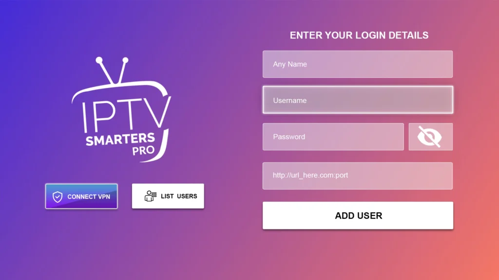 IPTV player login screen with account fields