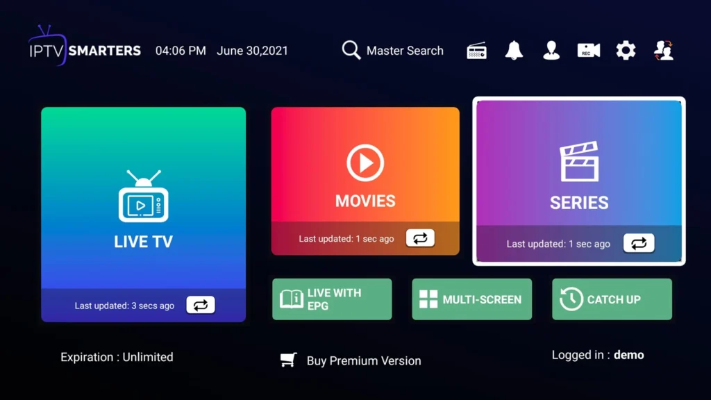 Streaming application dashboard with navigation categories