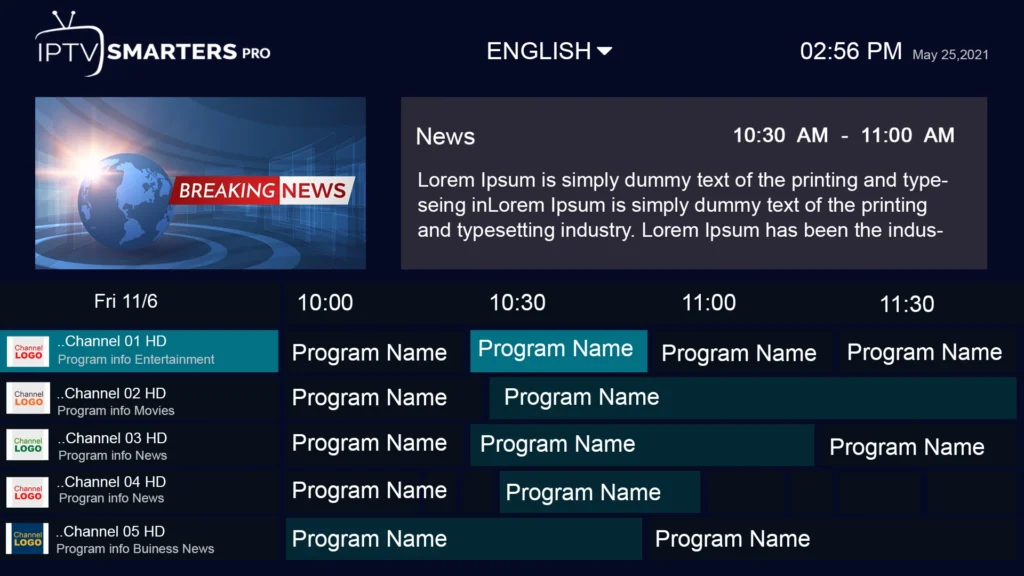 Electronic programme guide grid inside a player app
