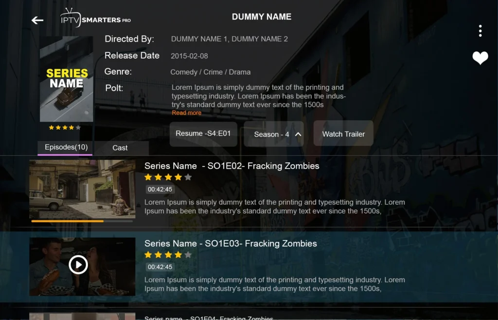 Series information screen with episode navigation